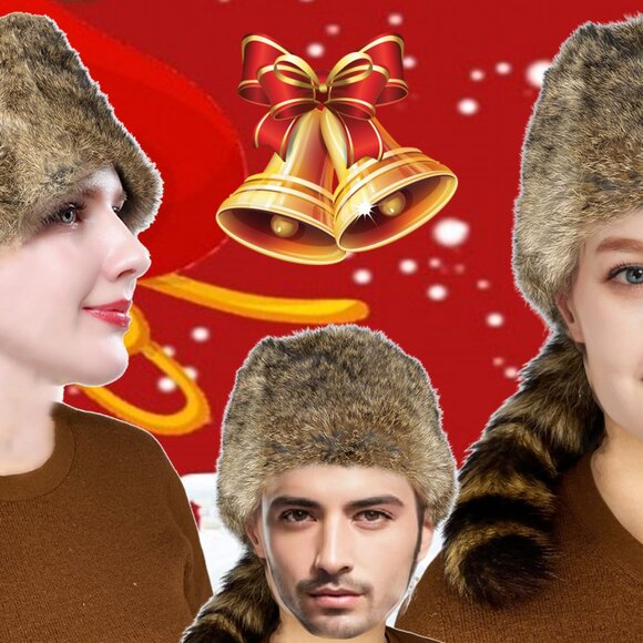 Rabbit Fur Russian Ushanka Trapper Hat Coonskin Tail Retro Winter Warm